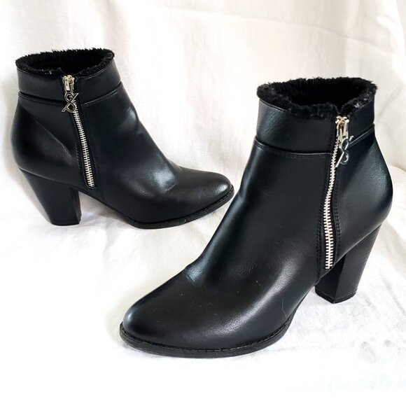 PARKER & SKY 8.5 womens Block Heel Faux leather Fur trim Black Zip Ankle Boots - Picture 1 of 12